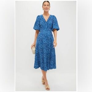 Tuckernuck Seaport Blue Dana Midi Dress Short Sleeves Pockets V-Neck, Large (L)